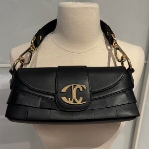 Just Cavalli Black Leather Shoulder Bag with Gold Accents